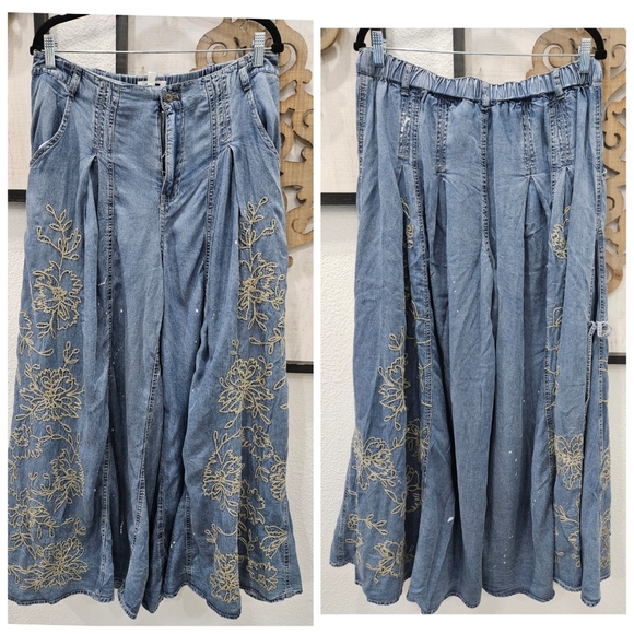 SOLD OUT! Boho Wide Leg Embroidered Denim Pants in Light Blue - Picture 2 of 6